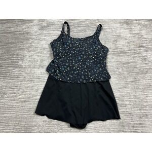Beach Cabana Swimsuit One Piece‎ Womens Large Blue Black Floral Sleeveless